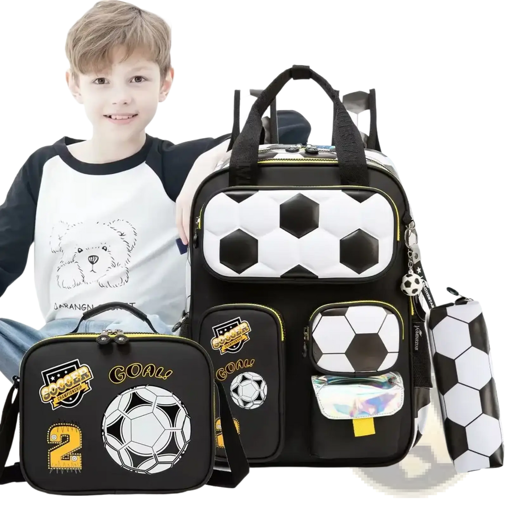 Soccer boys school backpack set featuring black and white quilted design with yellow accents and football graphic pockets