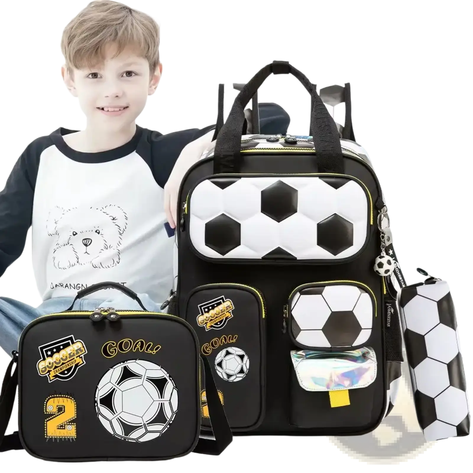 Soccer boys school backpack set featuring black and white quilted design with yellow accents and football graphic pockets