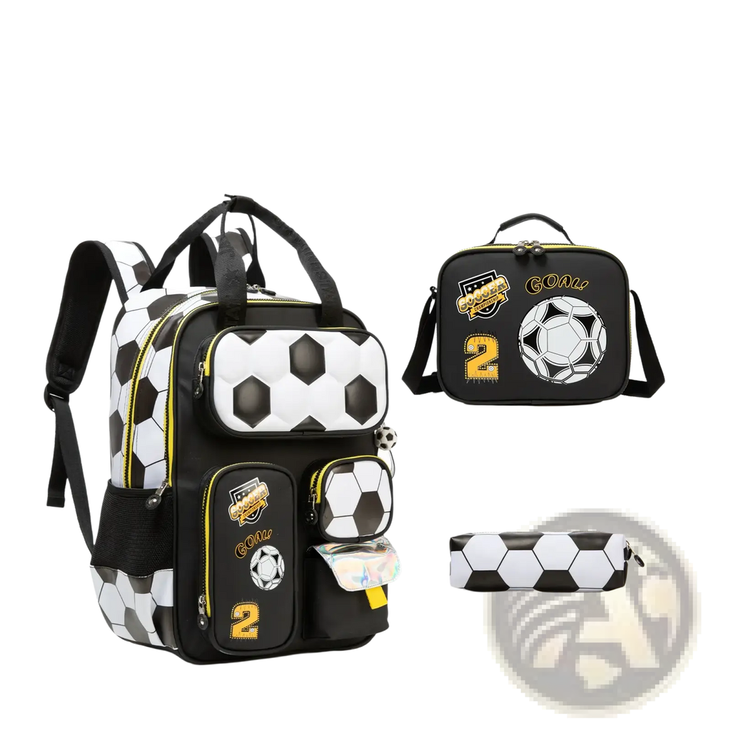 Soccer boys school backpack set with lunch bag featuring black and white soccer design and yellow zipper accents
