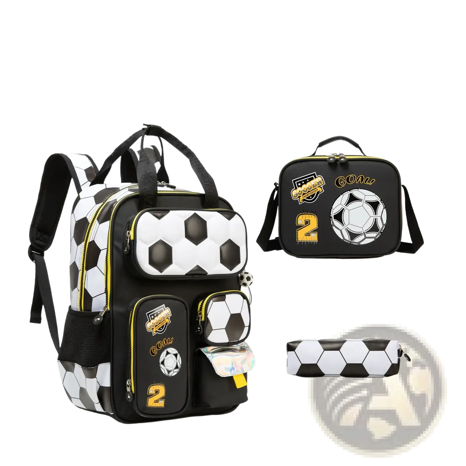Soccer boys school backpack set with lunch bag featuring black and white soccer design and yellow zipper accents