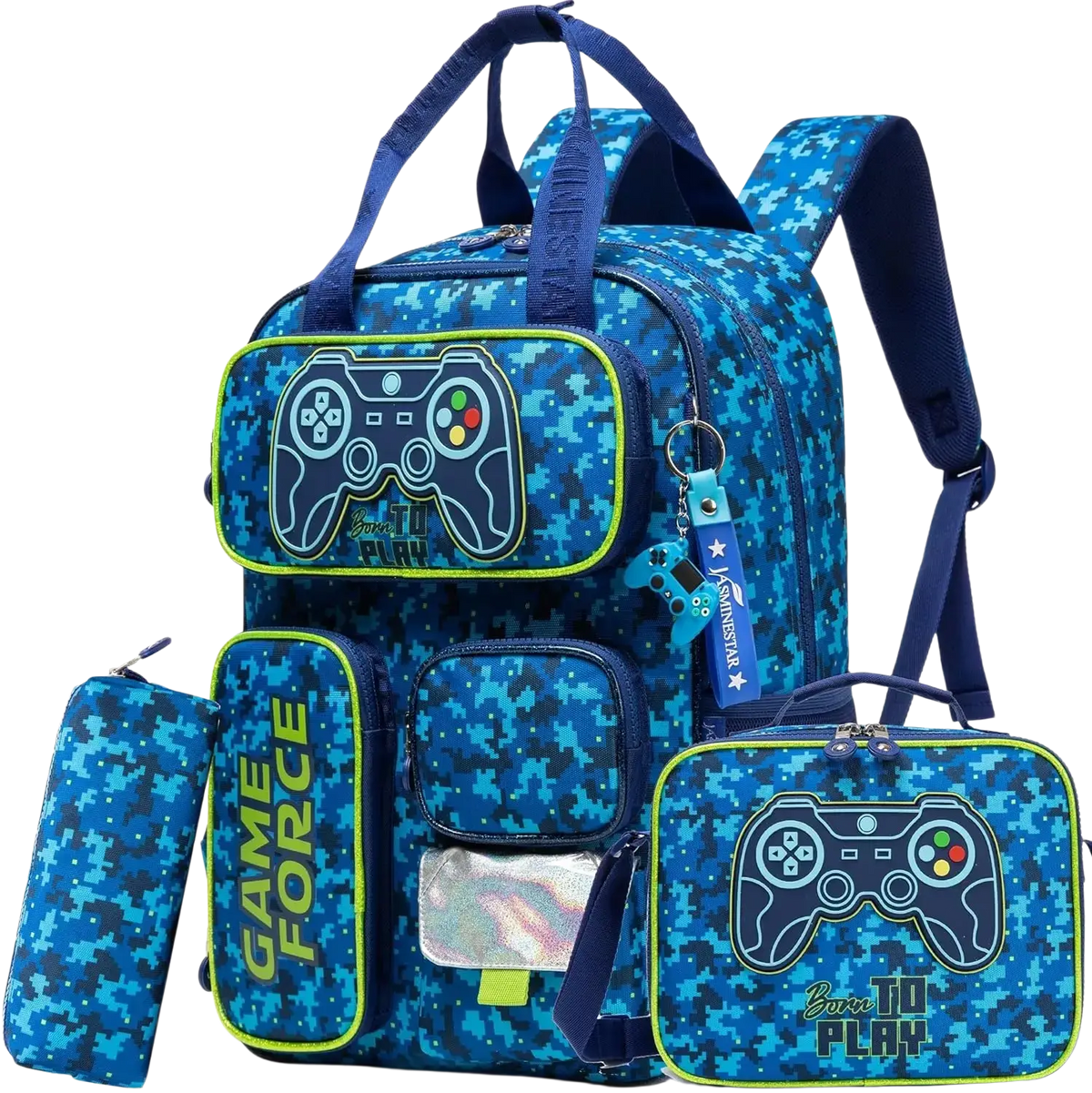 Soccer boys school backpack set with lunch bag featuring blue digital camouflage and neon green trim with game controller design
