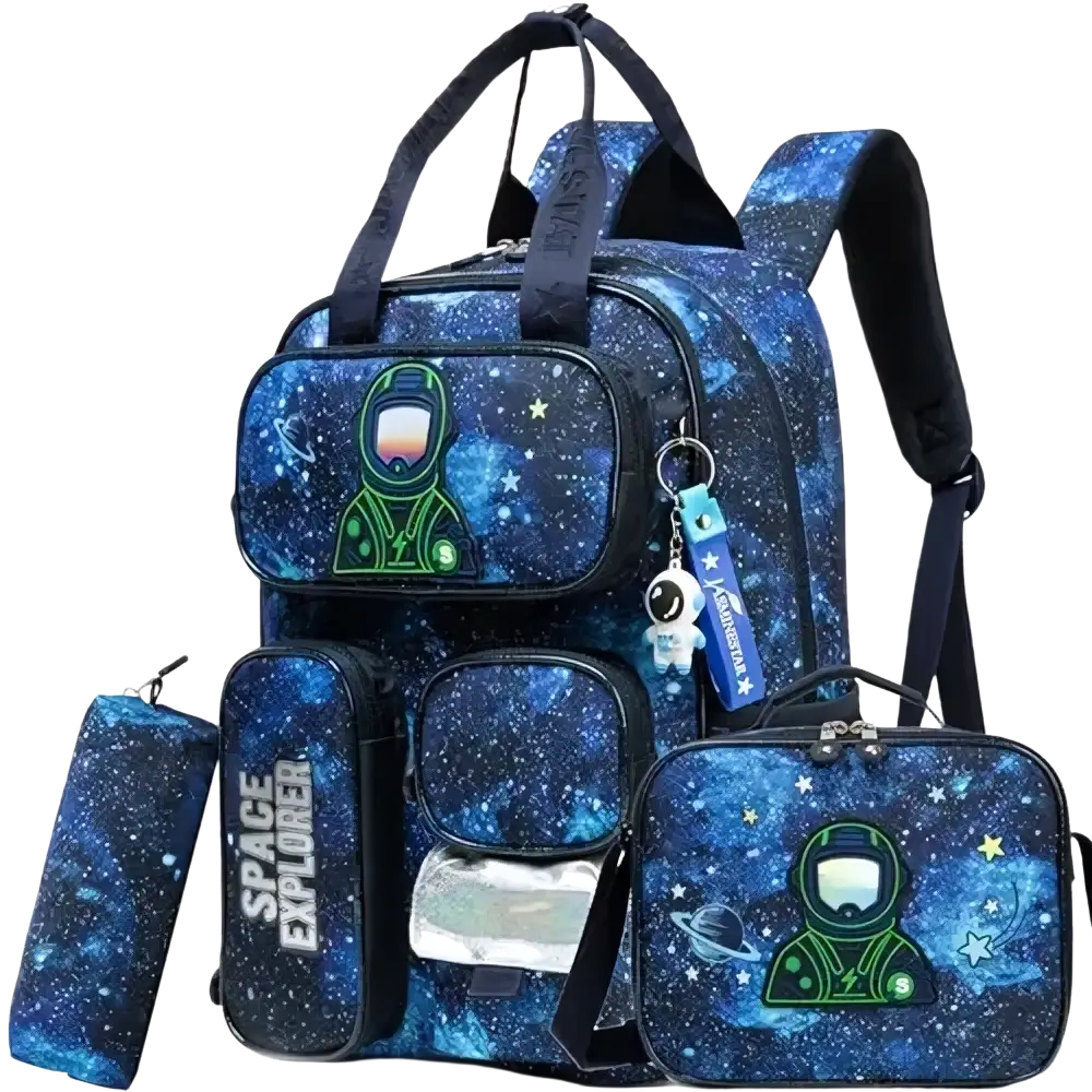 Soccer boys school backpack set featuring a blue galaxy design with green astronaut graphic and matching lunch bag and pencil case