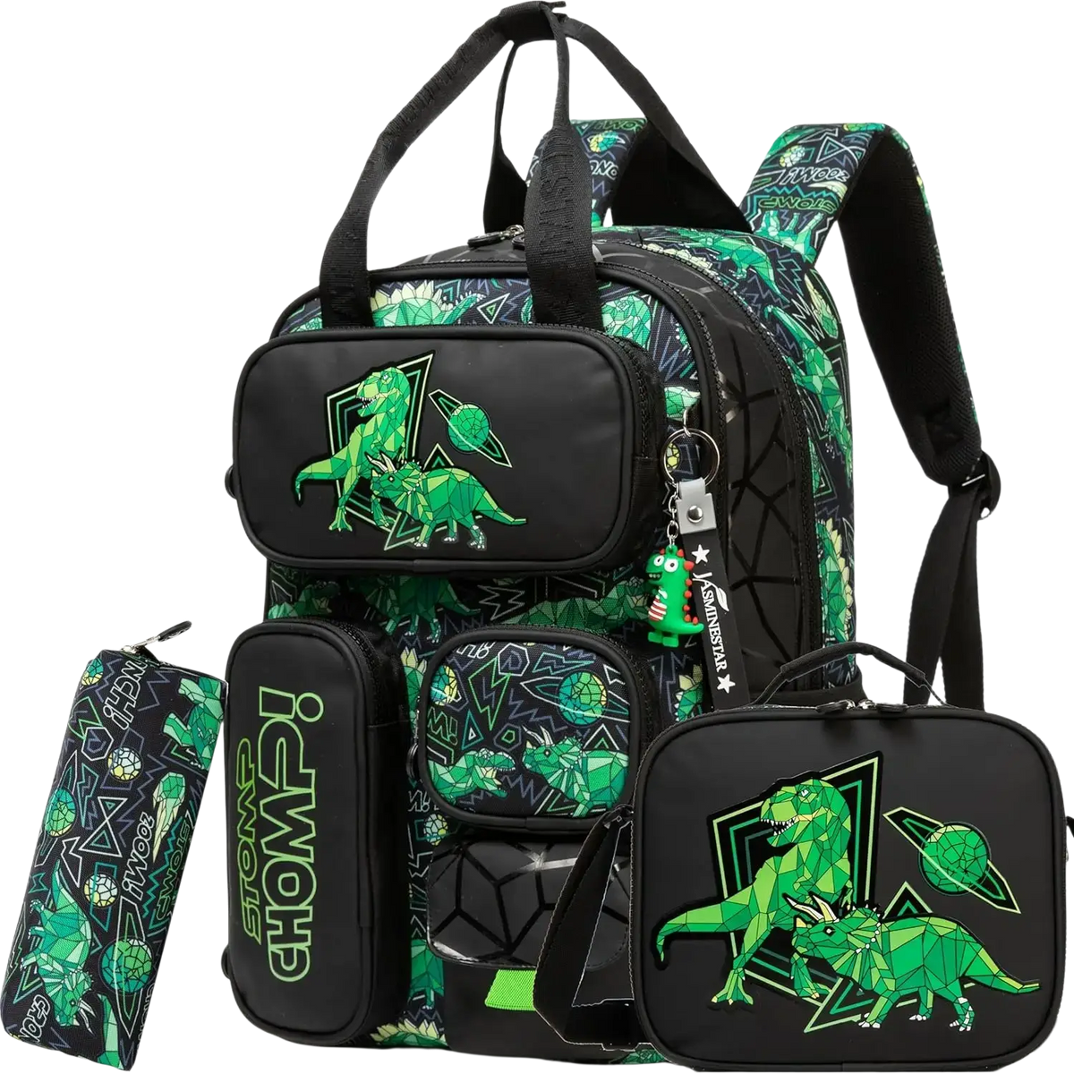 Green geometric dinosaur-themed soccer boys school backpack set with black accents includes lunch bag and pencil case