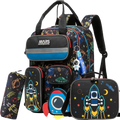 Soccer boys school backpack set with lunch bag featuring a space-themed black backpack with neon rocket and planet designs