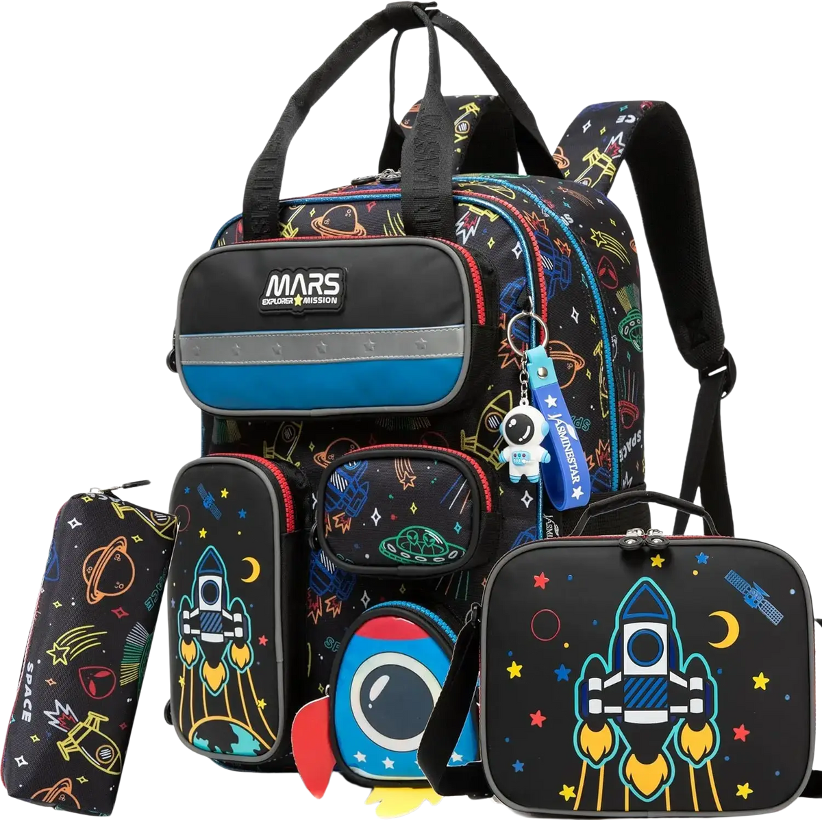 Soccer boys school backpack set with lunch bag featuring a space-themed black backpack with neon rocket and planet designs