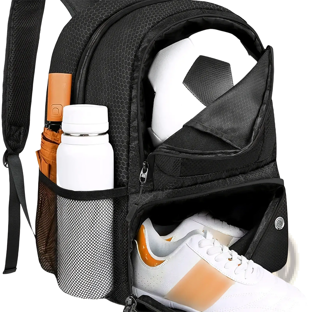Black hexagonal-patterned sports backpack with shoe compartment holding soccer ball, white sneakers, water bottle, and umbrella