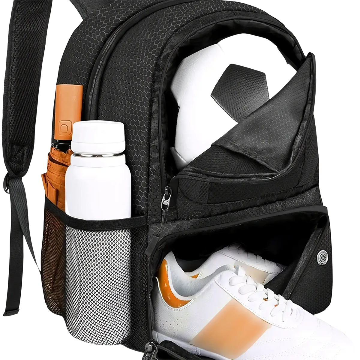 Black hexagonal-patterned sports backpack with shoe compartment holding soccer ball, white sneakers, water bottle, and umbrella