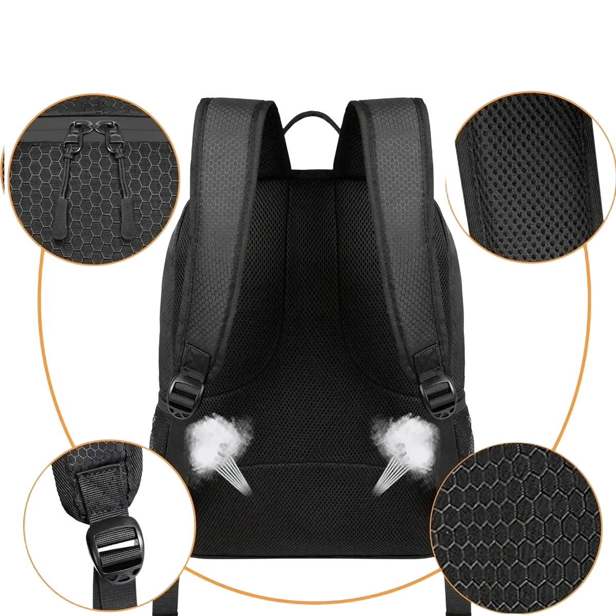 Black mesh soccer gear backpack with hexagonal texture and adjustable shoulder straps shown from the back side