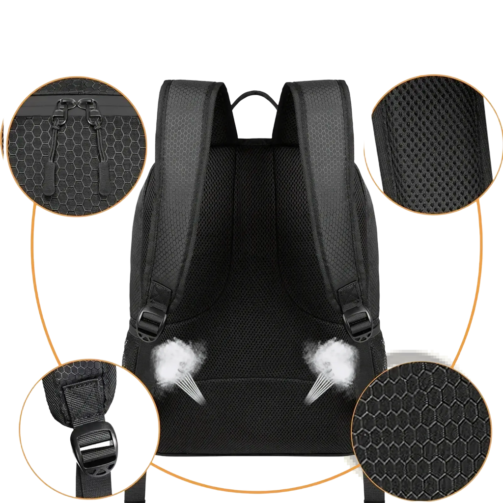 Black mesh soccer gear backpack with hexagonal texture and adjustable shoulder straps shown from the back side