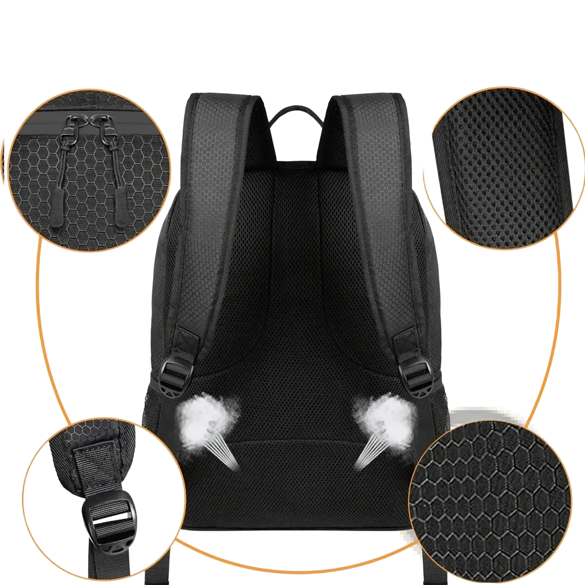 Black mesh soccer gear backpack with hexagonal texture and adjustable shoulder straps shown from the back side