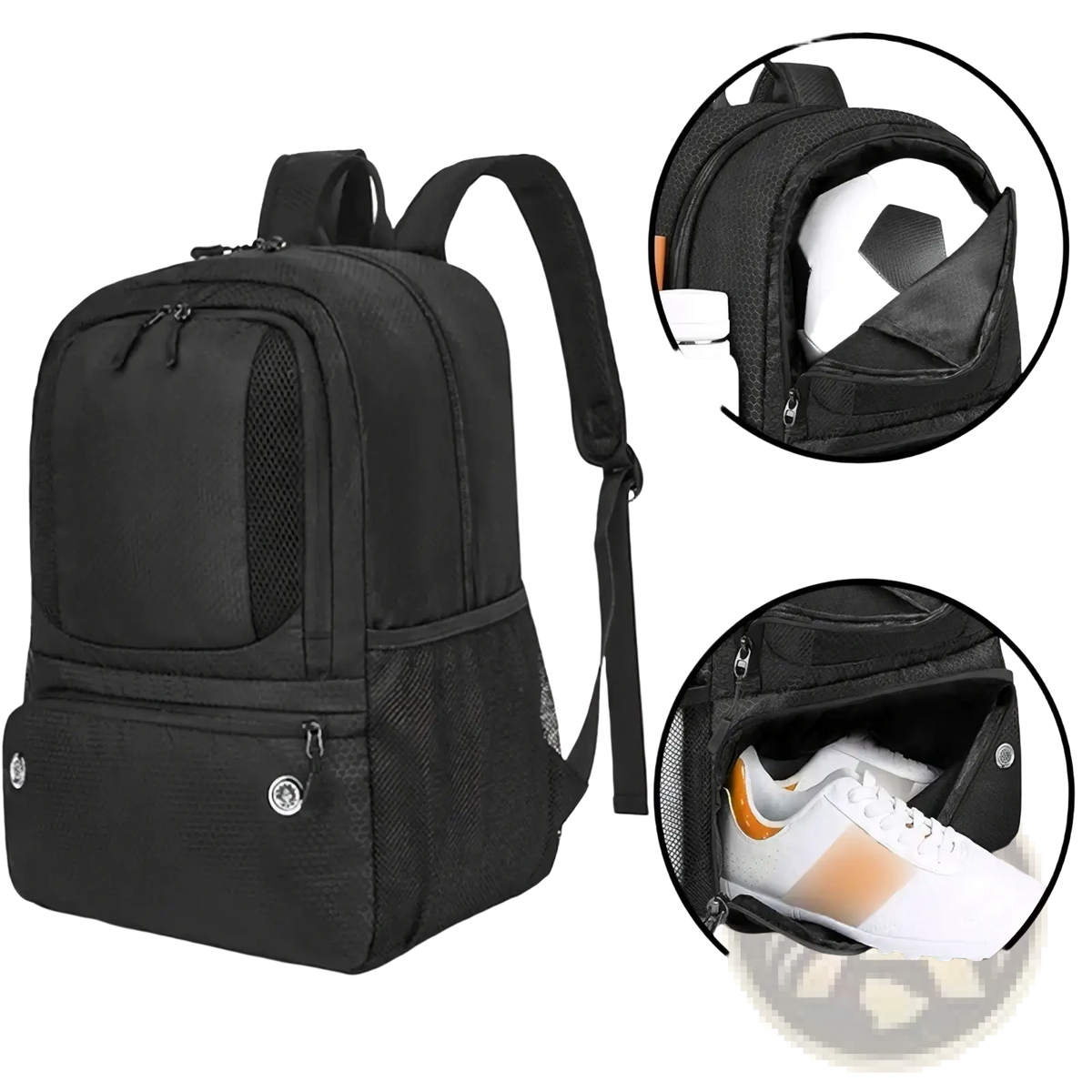 Black mesh and nylon soccer gear backpack with multiple compartments and shoe compartment for organized storage