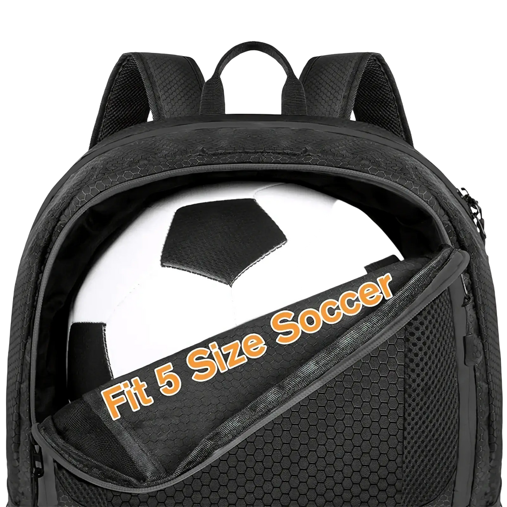 Black mesh-textured soccer gear backpack with shoe compartment and ball compartment for size 5 soccer ball
