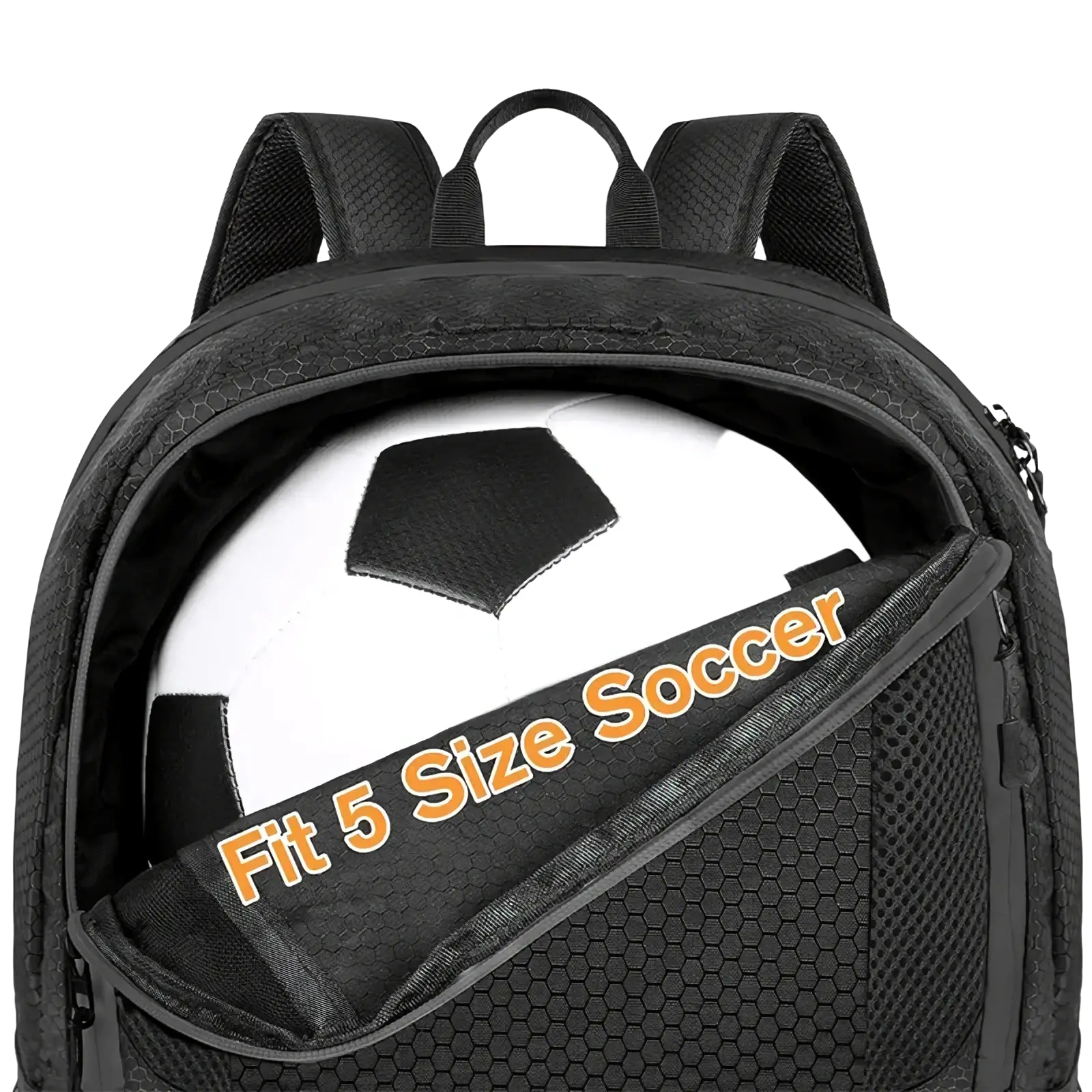 Black mesh-textured soccer gear backpack with shoe compartment and ball compartment for size 5 soccer ball
