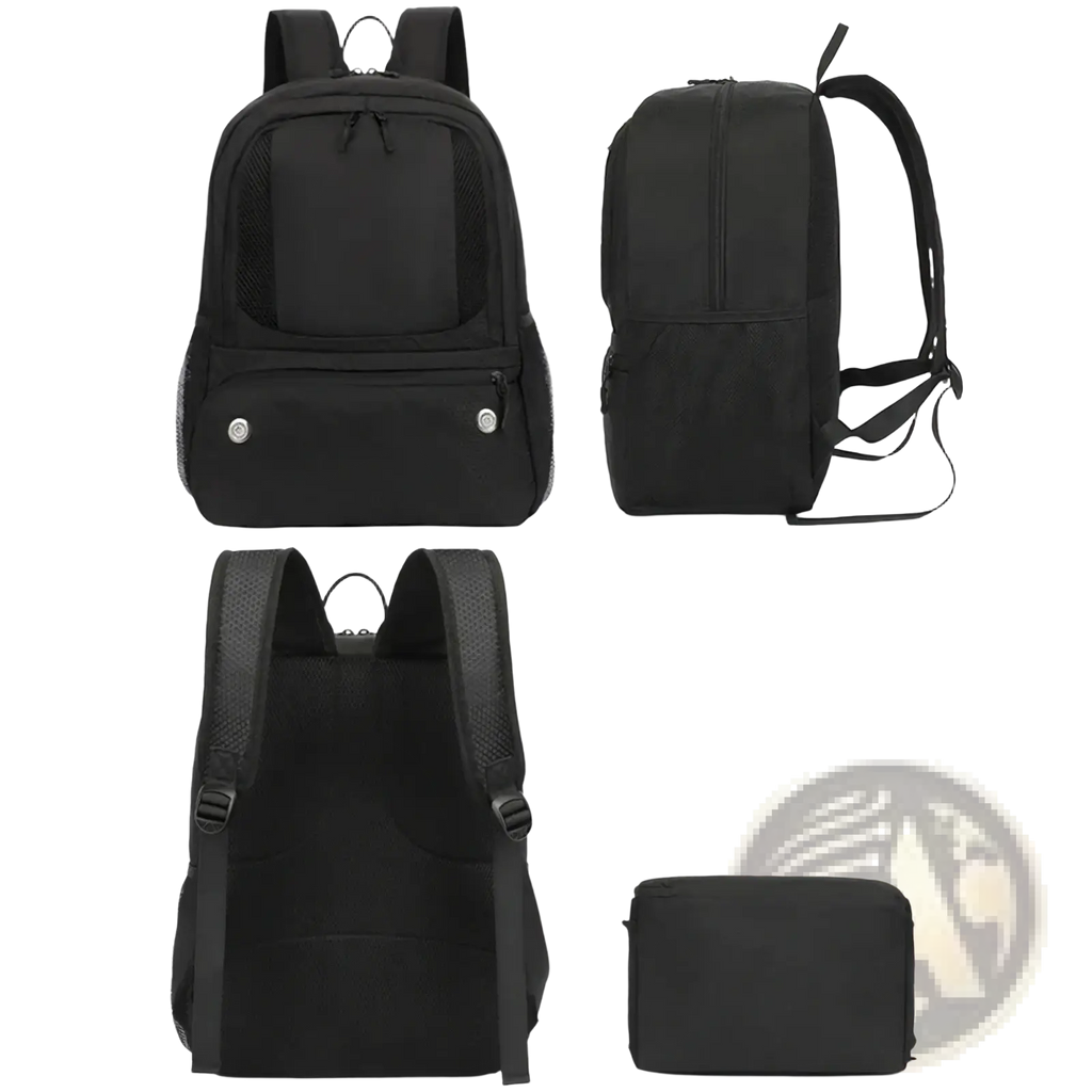 Black nylon soccer gear backpack with mesh side pockets adjustable shoulder straps and shoe compartment shown from back side