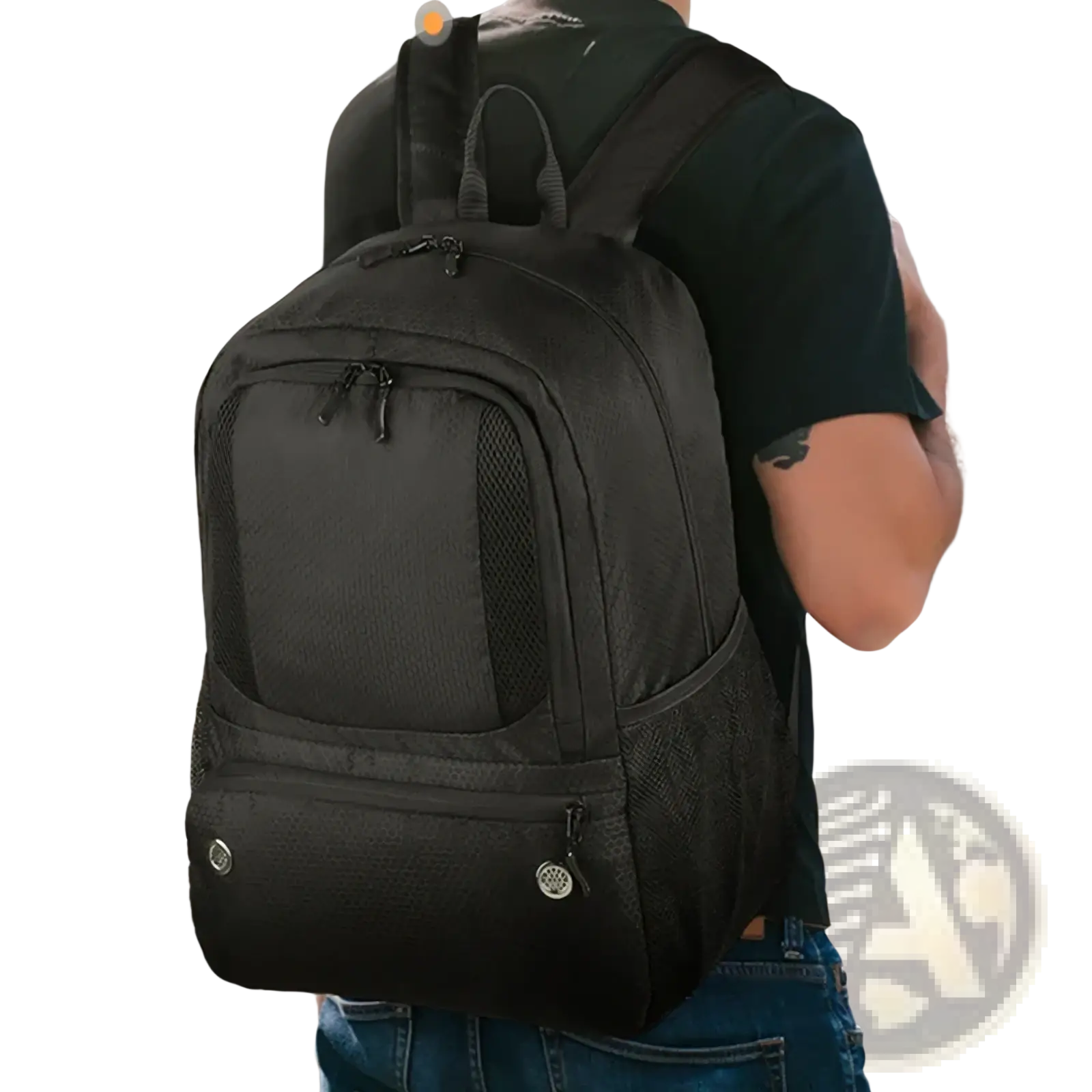Black nylon soccer gear backpack with mesh side pockets and front zipper compartments including shoe compartment