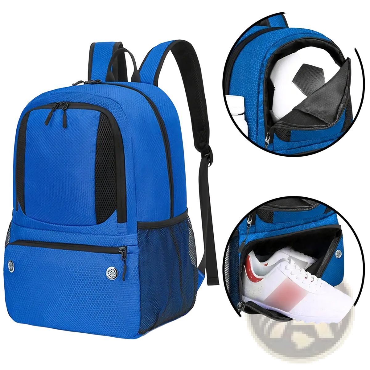 Blue mesh soccer gear backpack with black accents multiple compartments and shoe compartment for sports use