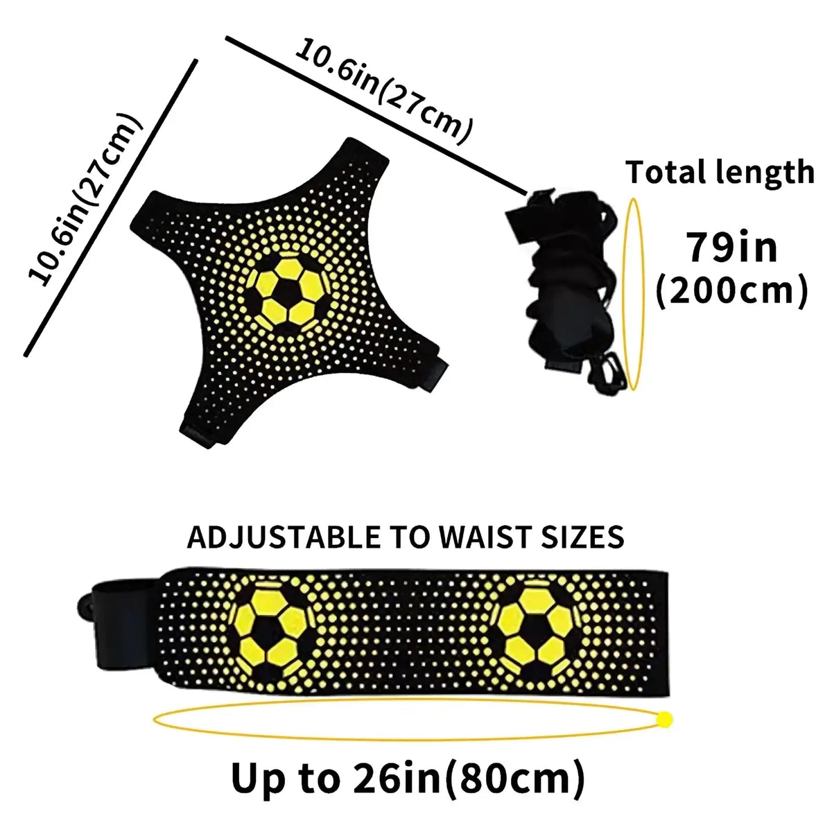 Black adjustable waist support belt with yellow soccer ball design and perforated texture for soccer kick training