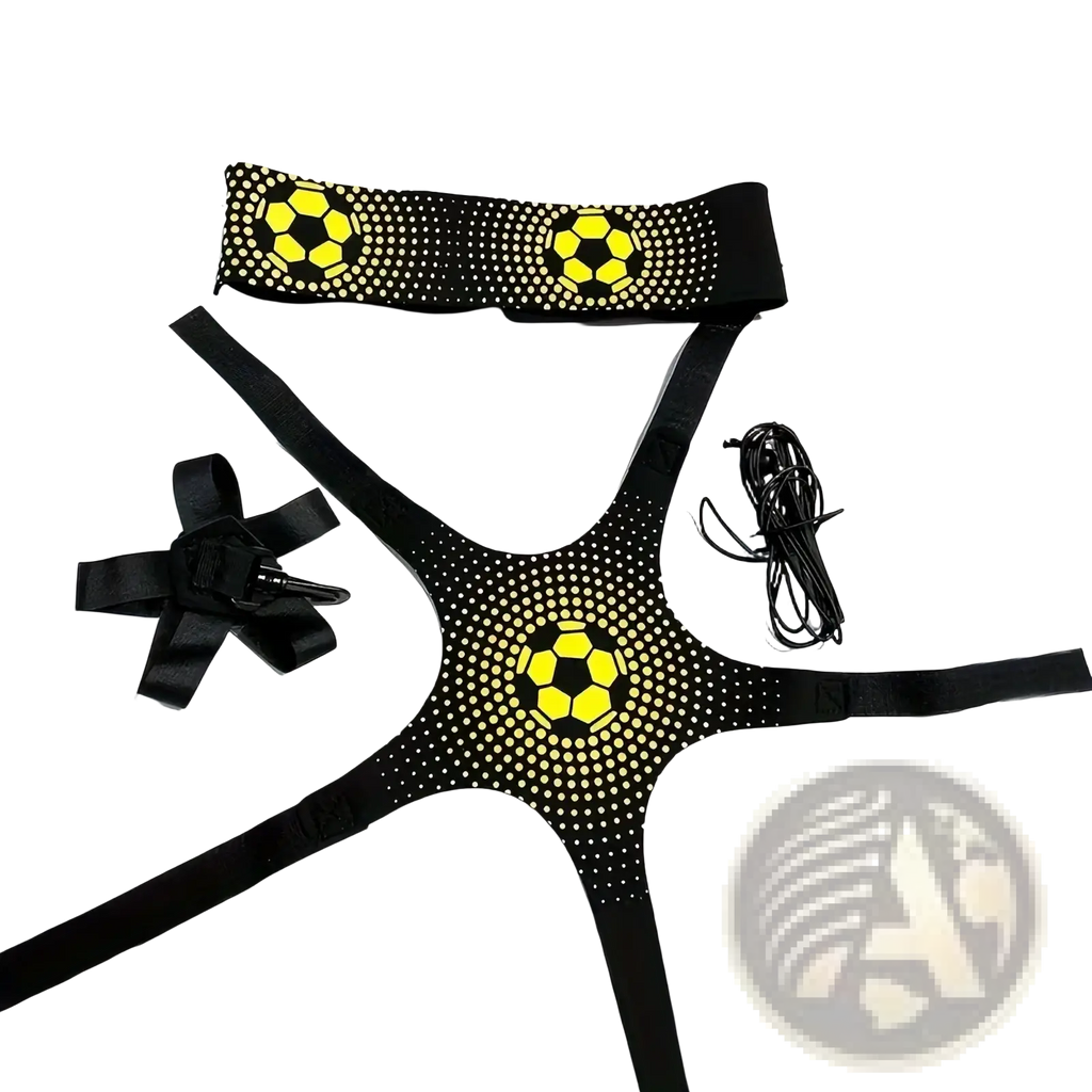 Black athletic training harness with yellow soccer ball patterns and dotted texture for soccer kick trainer solo practice belt