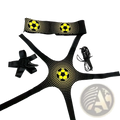 Black athletic training harness with yellow soccer ball patterns and dotted texture for soccer kick trainer solo practice belt