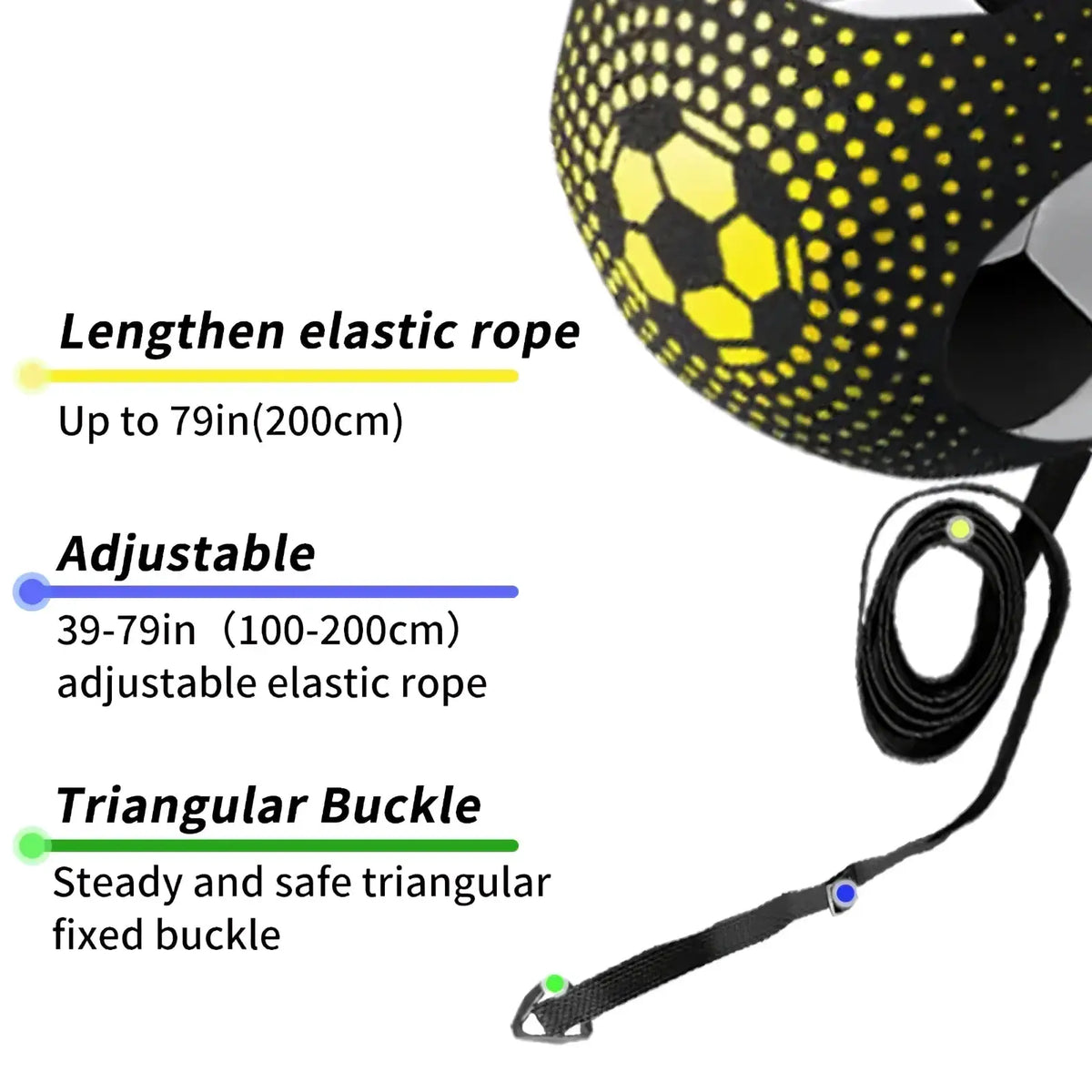 Soccer Kick Trainer solo practice belt with black elastic rope, triangular buckle, and yellow soccer ball patterned headpiece