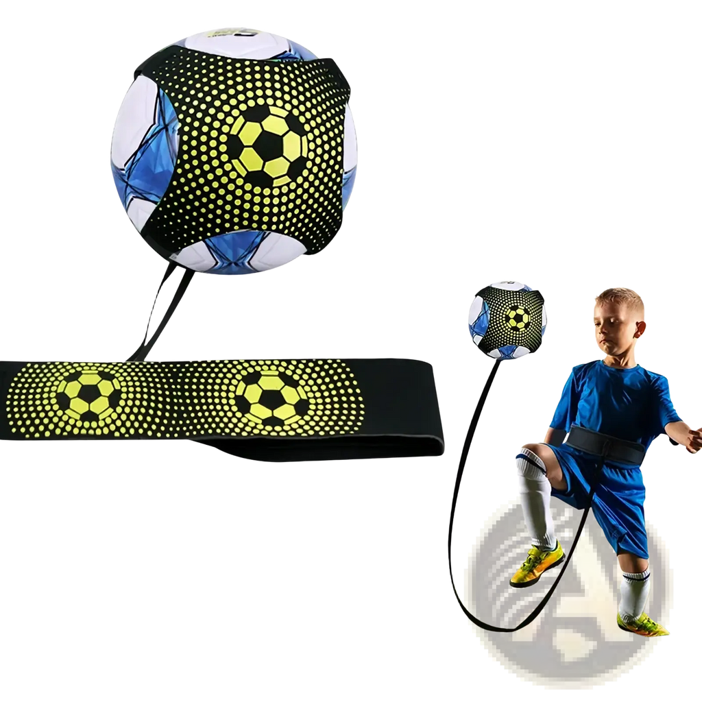 Soccer kick trainer solo practice belt with black and neon yellow dotted soccer ball training aid
