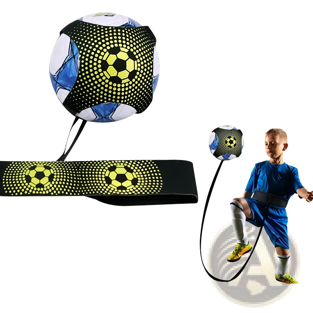 Soccer kick trainer solo practice belt with black and neon yellow dotted soccer ball training aid
