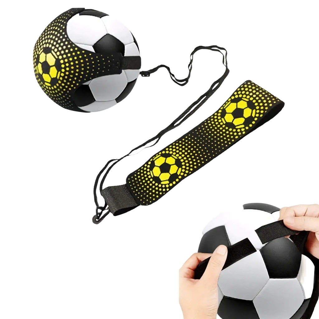 Black and white soccer ball with yellow patterned headband strap for soccer kick trainer solo practice belt use