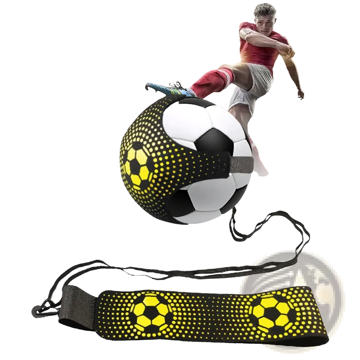 Black and yellow soccer kick trainer solo practice belt with dotted pattern and adjustable strap for skill training