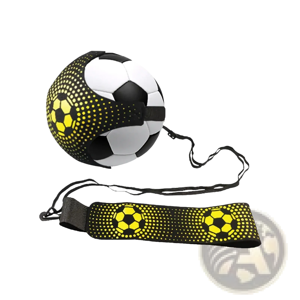 Soccer kick trainer solo practice belt with black and yellow dotted soccer ball attached to matching wristband