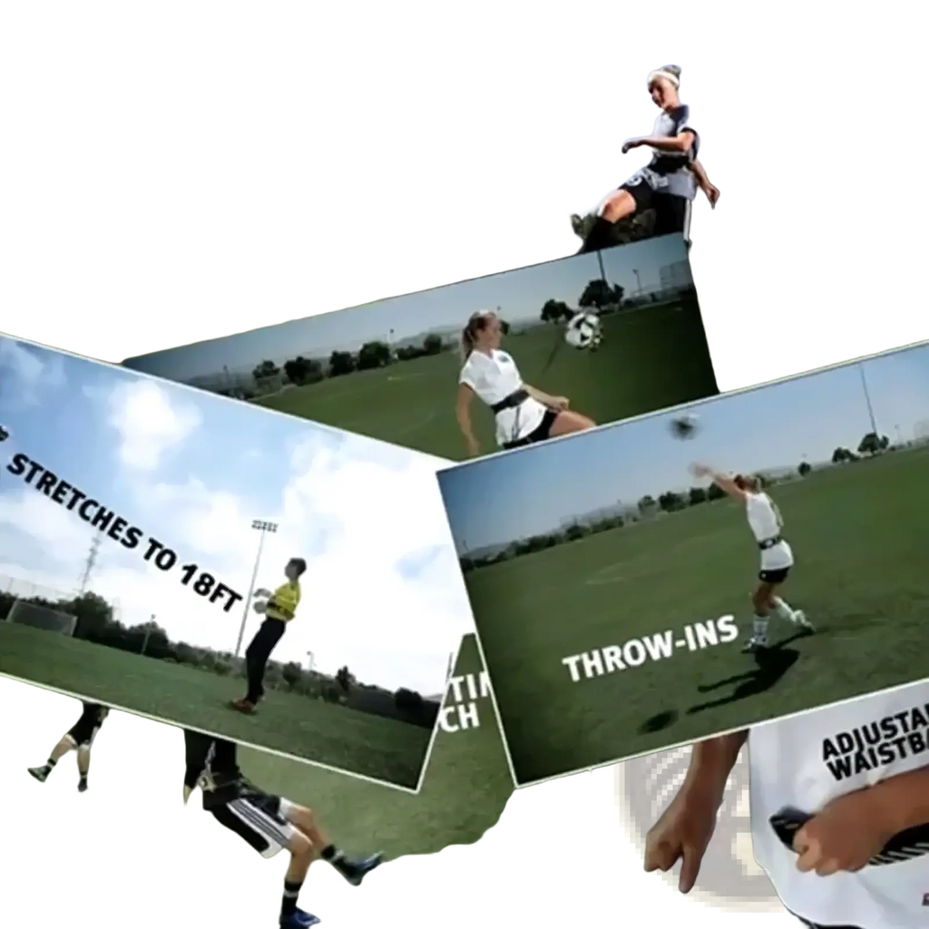 Black adjustable waistband soccer kick trainer made of durable material for throw-ins and ball control drills