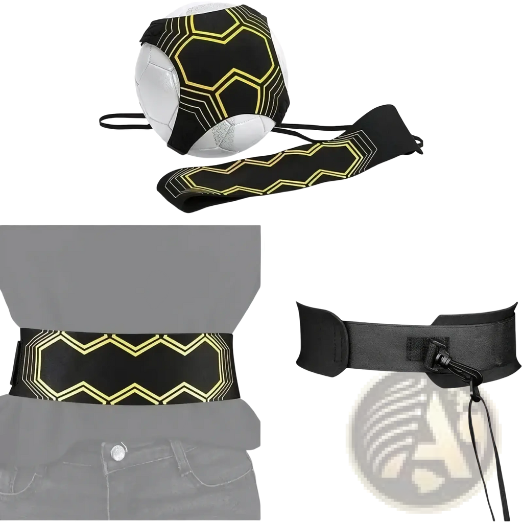 Soccer kick trainer solo practice equipment with black and neon yellow geometric-patterned adjustable carrier belt