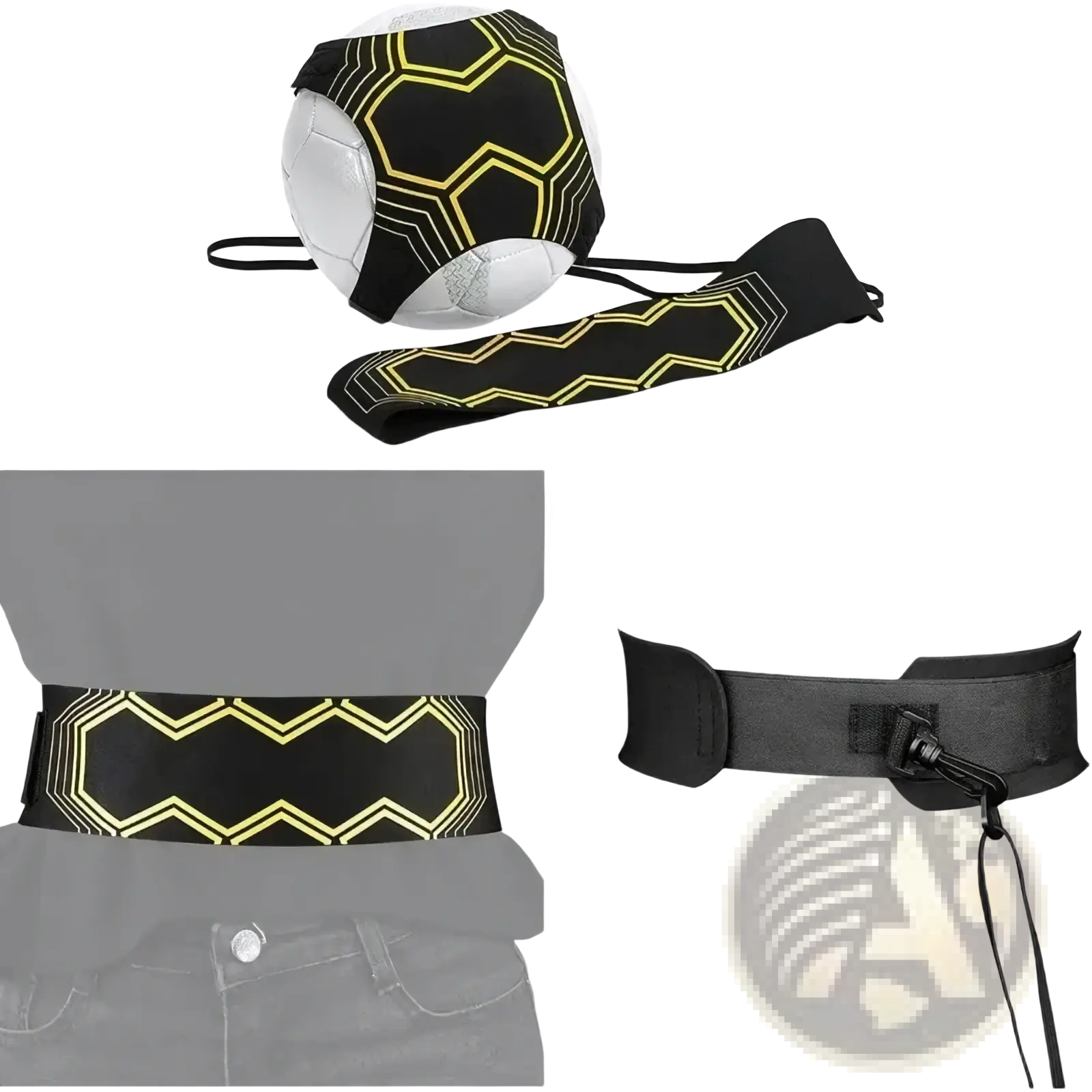 Soccer kick trainer solo practice equipment with black and neon yellow geometric-patterned adjustable carrier belt