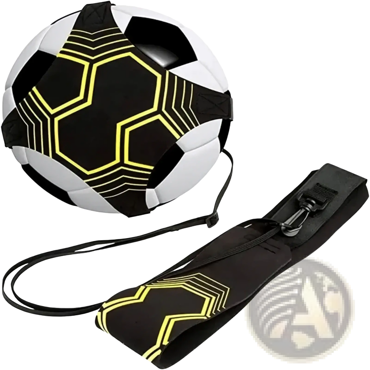 Soccer kick trainer solo practice equipment with black and white ball featuring neon yellow geometric patterns and matching strap