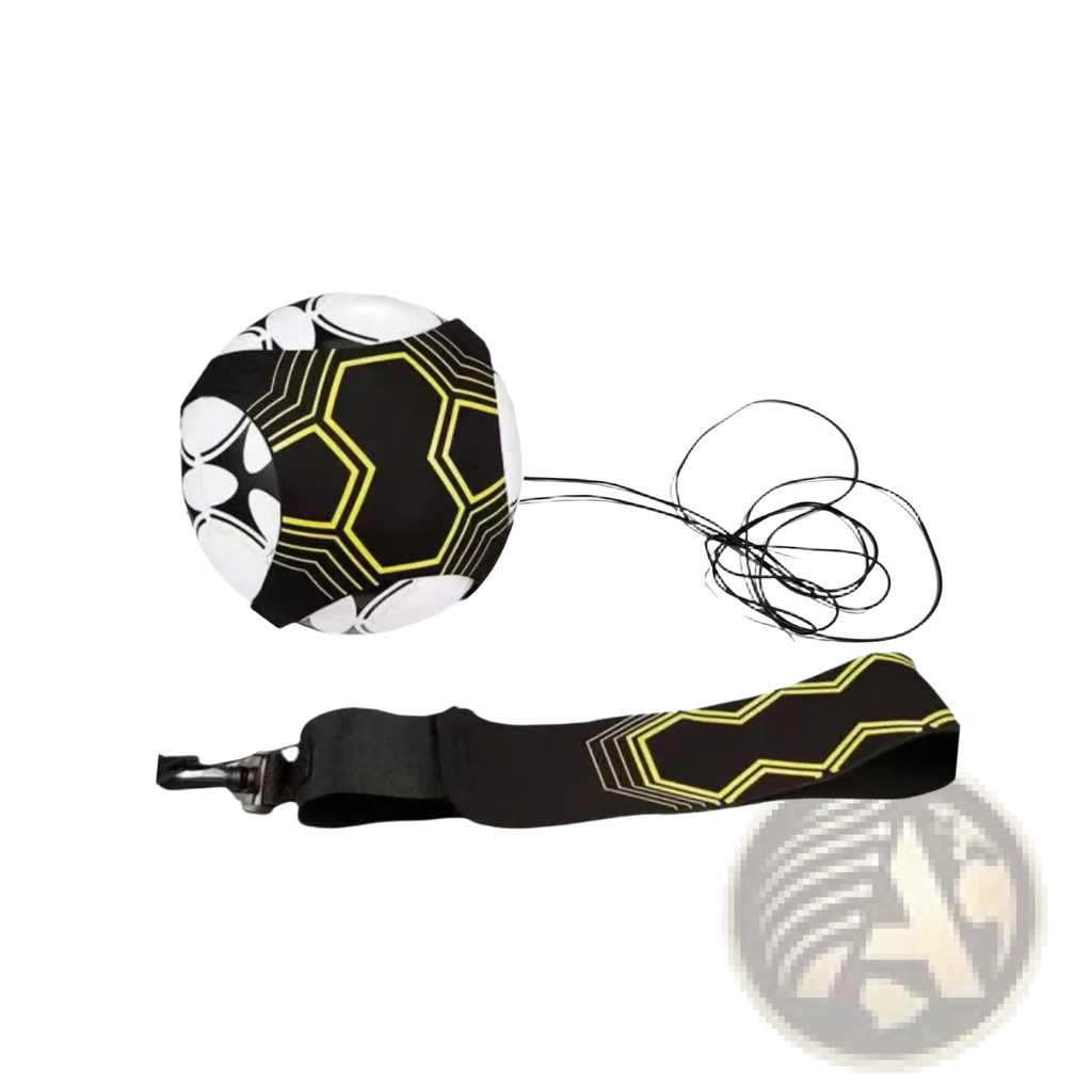 Soccer kick trainer solo practice equipment featuring a black and white soccer ball with yellow geometric patterns attached to a black strap