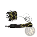 Soccer kick trainer solo practice equipment featuring a black and white soccer ball with yellow geometric patterns attached to a black strap