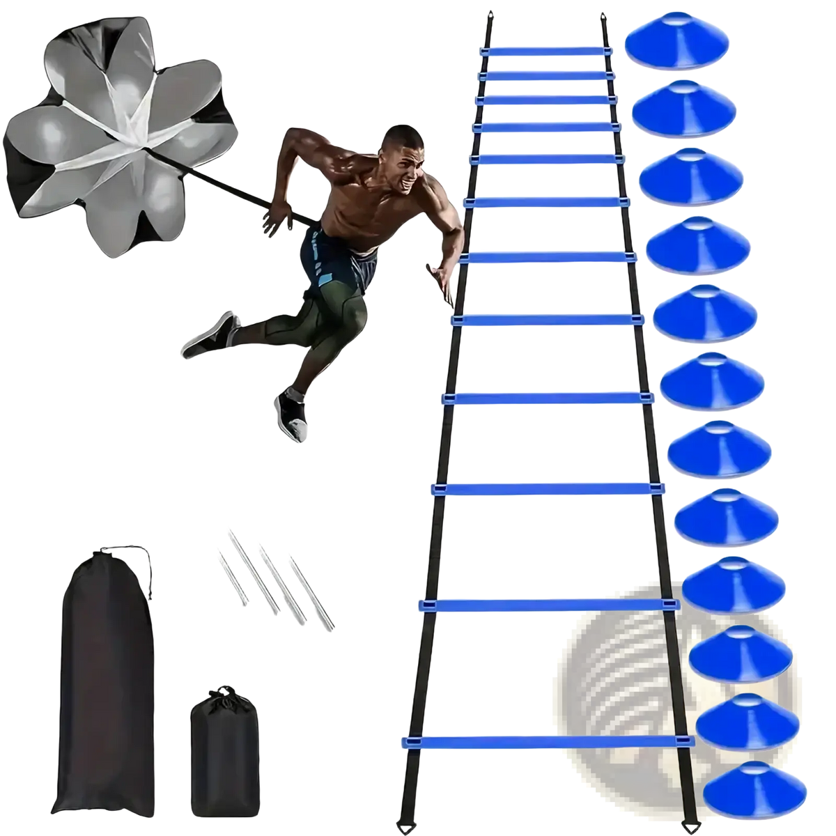 Blue and black agility ladder with ten blue cones arranged vertically for soccer speed training parachute and agility ladder kit