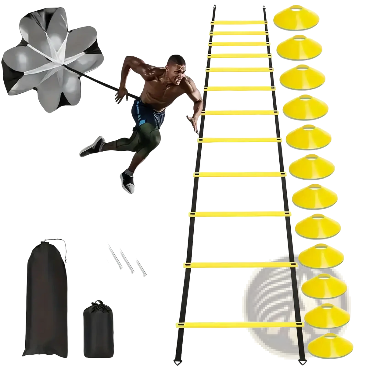 Soccer speed training parachute and agility ladder kit featuring a yellow and black ladder with ten yellow cones nearby