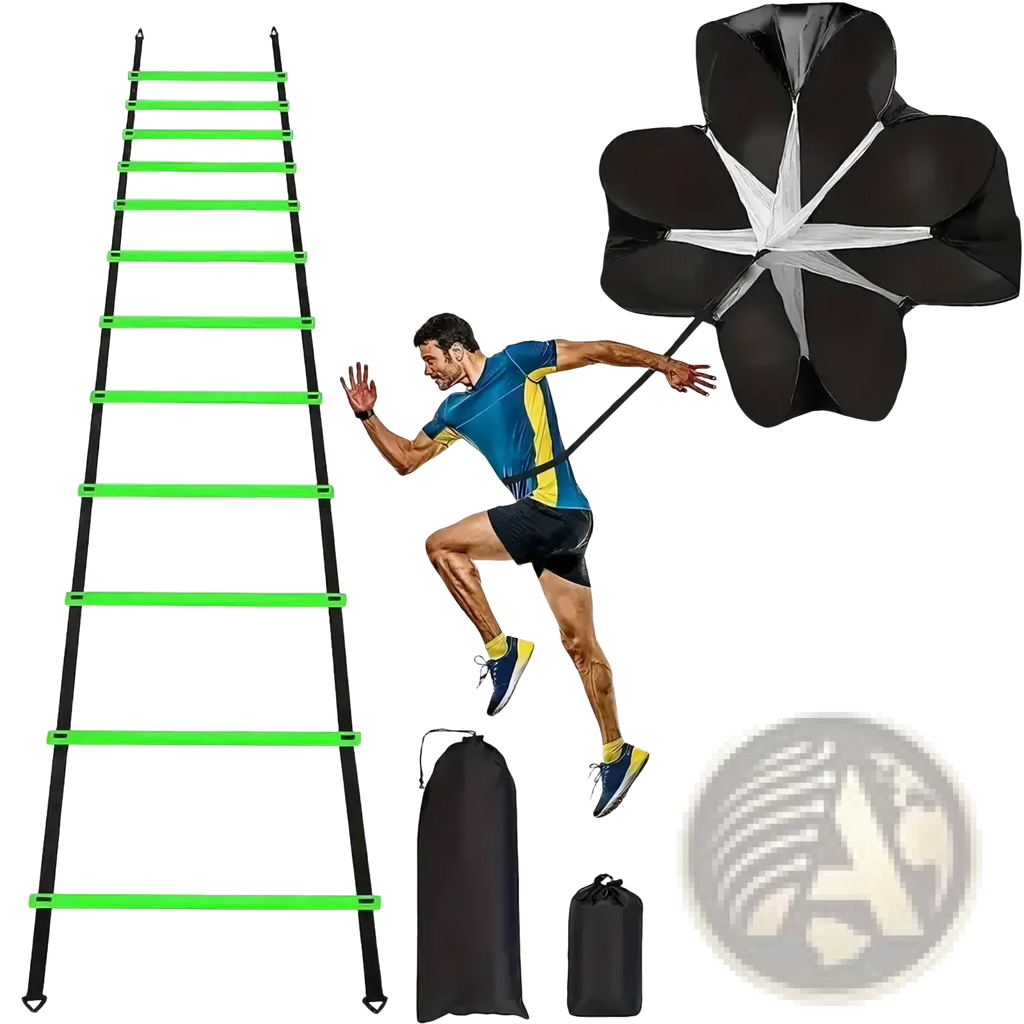 Green and black adjustable rung agility ladder made of durable material for athletic soccer speed training use