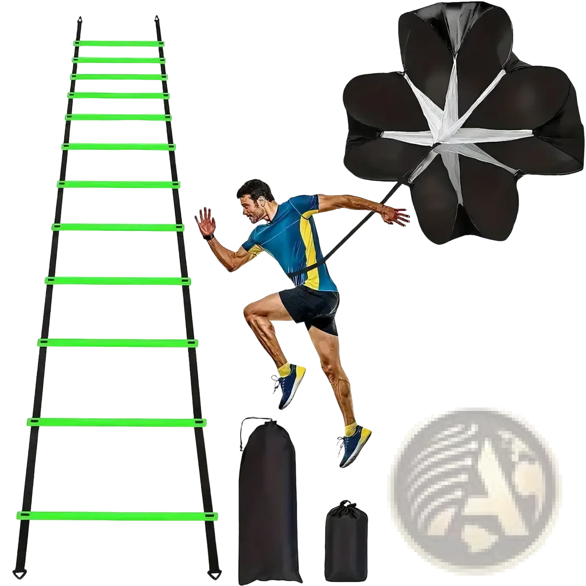 Green and black adjustable rung agility ladder made of durable material for athletic soccer speed training use
