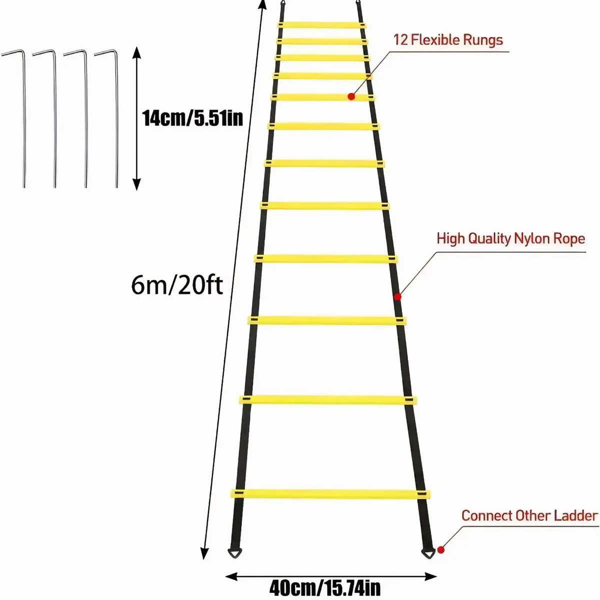 A 6-meter black and yellow nylon agility ladder with flexible rungs for soccer speed training and drills