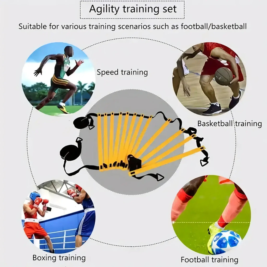 Yellow and black agility training ladder with adjustable handles for speed drills in soccer speed training parachute kit