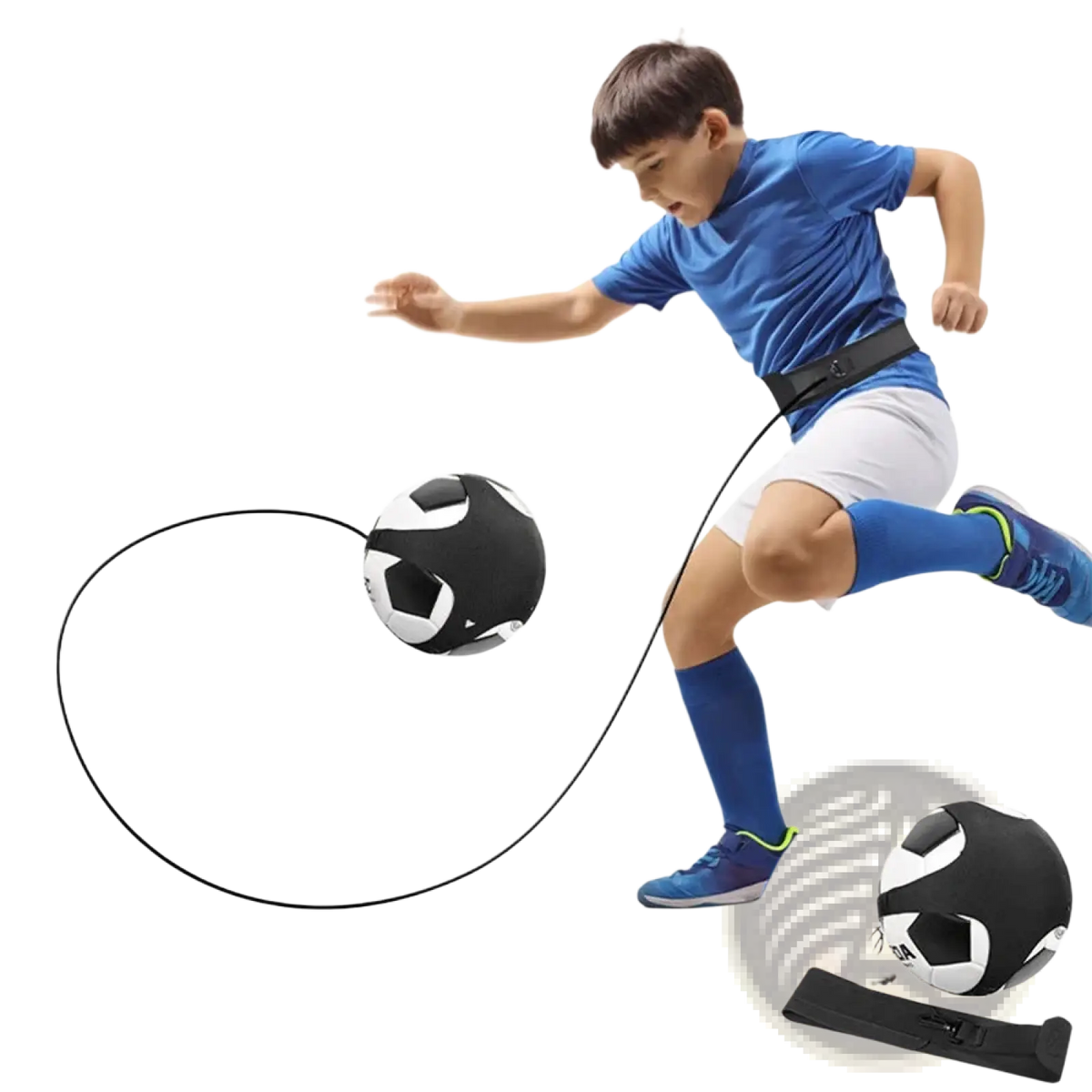Soccer training belt solo practice aid with black and white soccer ball attached to black cord for football training