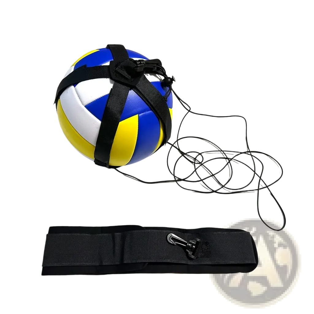 Soccer training belt solo practice aid featuring a blue yellow and white volleyball secured with black straps and coiled cord