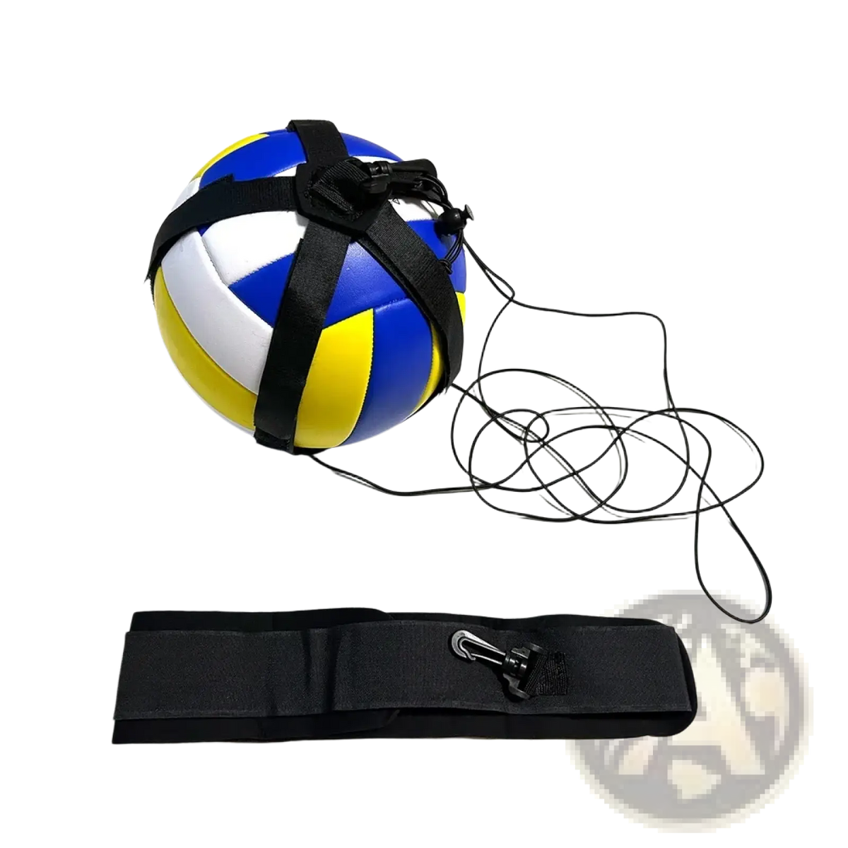 Soccer training belt solo practice aid featuring a blue yellow and white volleyball secured with black straps and coiled cord