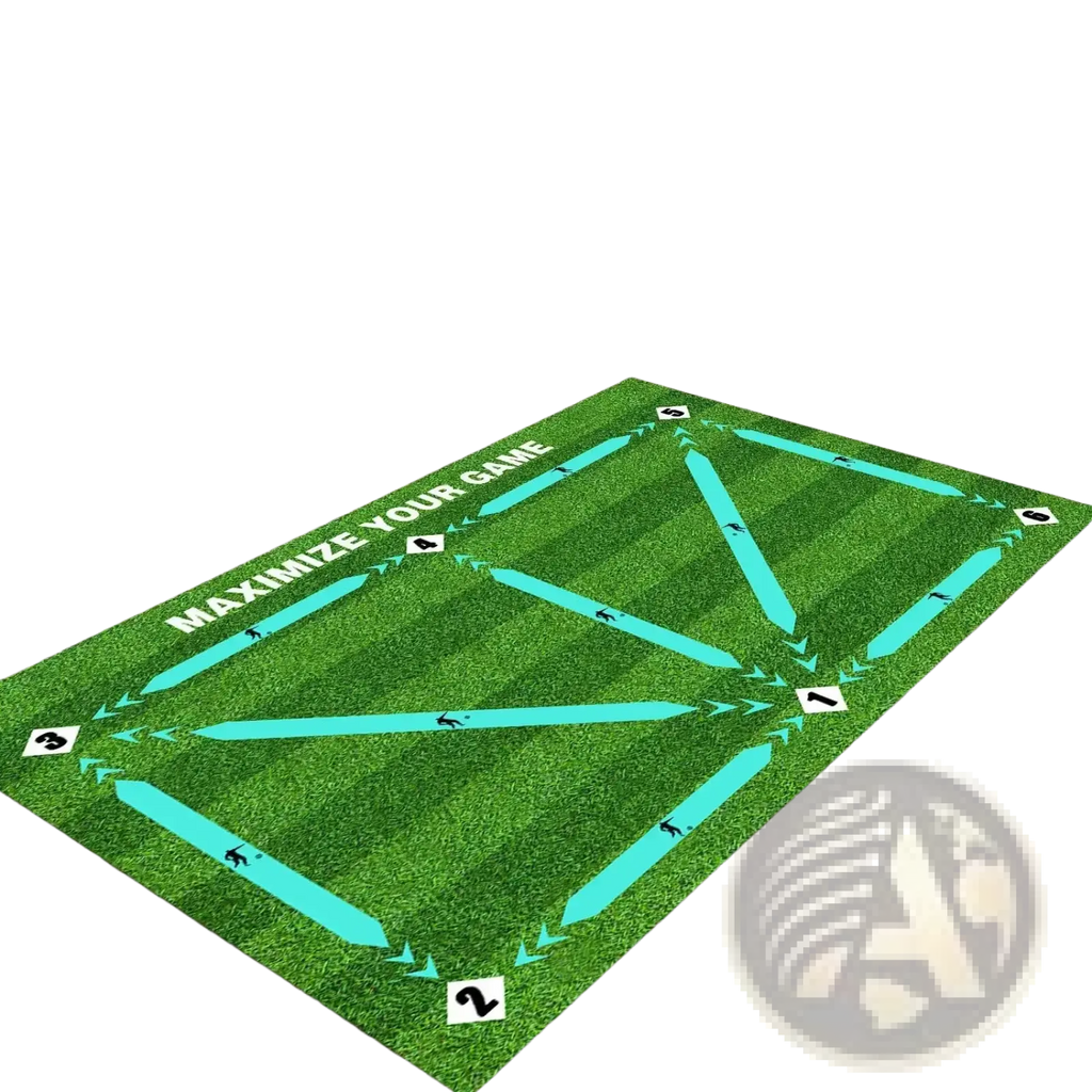 Green grassy non slip soccer training mat with teal directional arrows and numbered zones for kids dribble practice