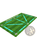 Green grassy non slip soccer training mat with teal directional arrows and numbered zones for kids dribble practice