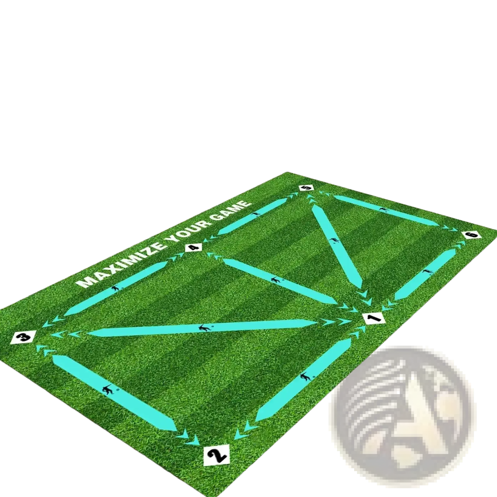 Green grassy non slip soccer training mat with teal directional arrows and numbered zones for kids dribble practice