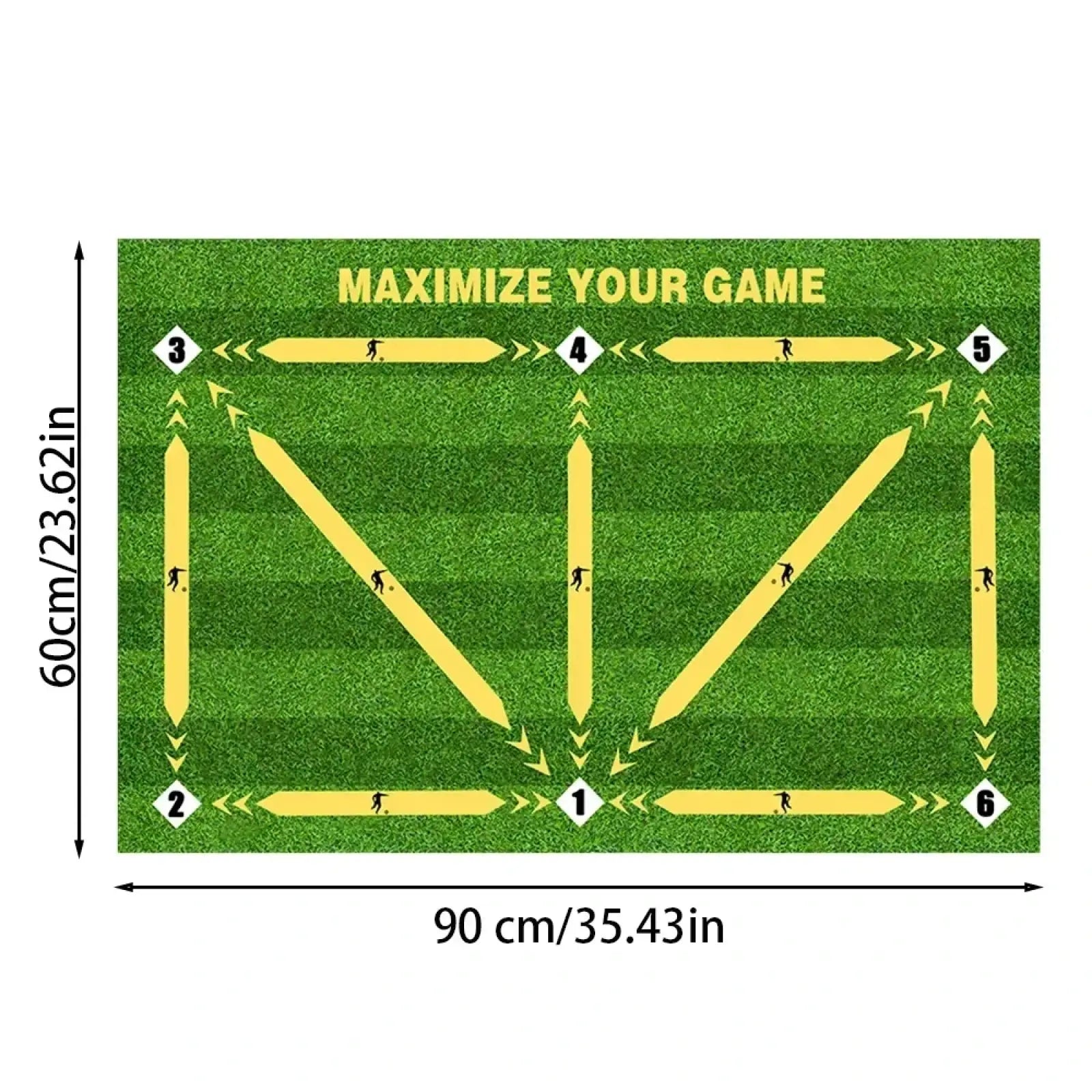 Green turf soccer training mat with yellow directional arrows and numbered zones for non slip dribble practice equipment