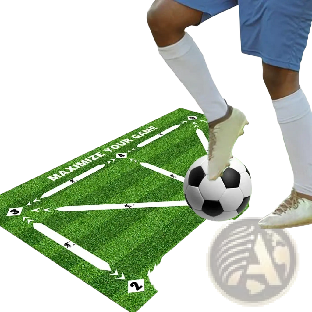Green non slip soccer training mat with white directional arrows numbered zones and black and white football print