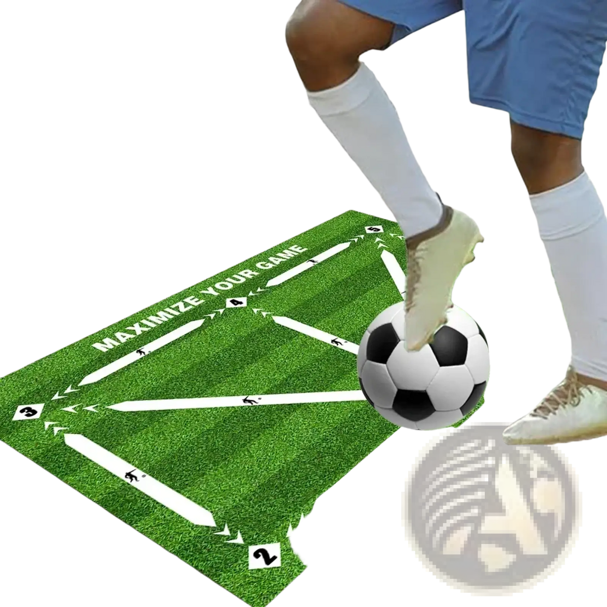 Green non slip soccer training mat with white directional arrows numbered zones and black and white football print
